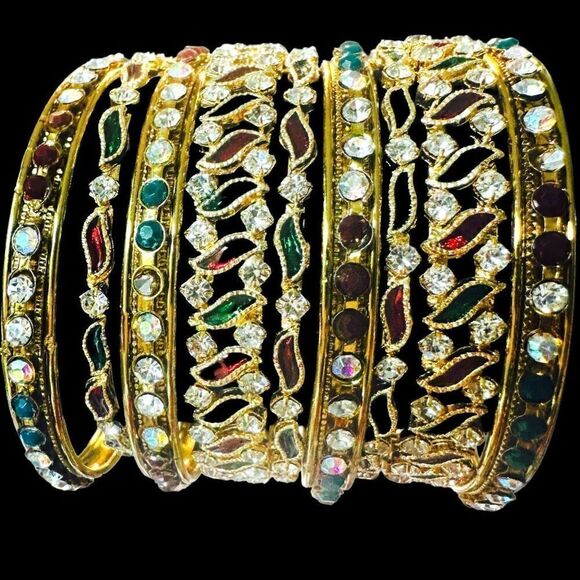 9x BULK LOT SILVER & GOLD TONE RED GREEN XMAS CHRISTMAS COLORFUL BANGLE BRACELET - Picture 4 of 6